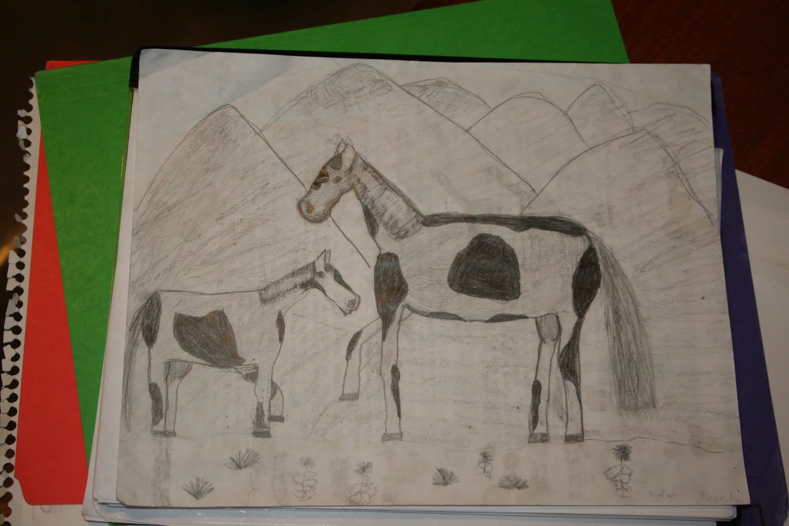 child's pencil drawing of a mare and a foal