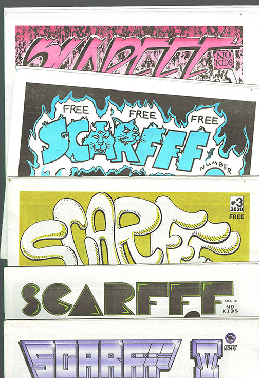 The first five issue of Scarfff Comics Newspaper stacked to show the masthead