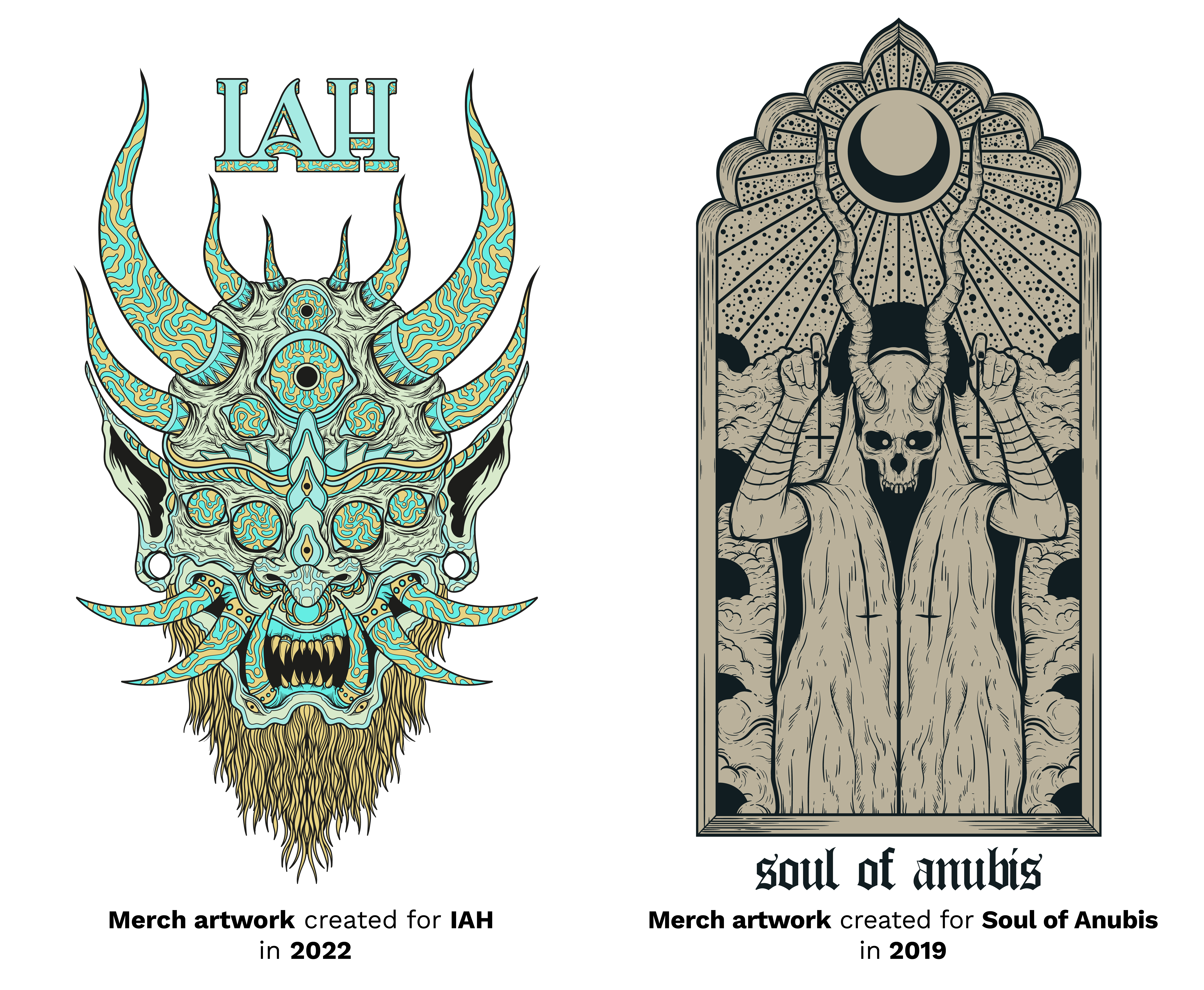merch artwork for IAH and merch artwork for soul of anubis