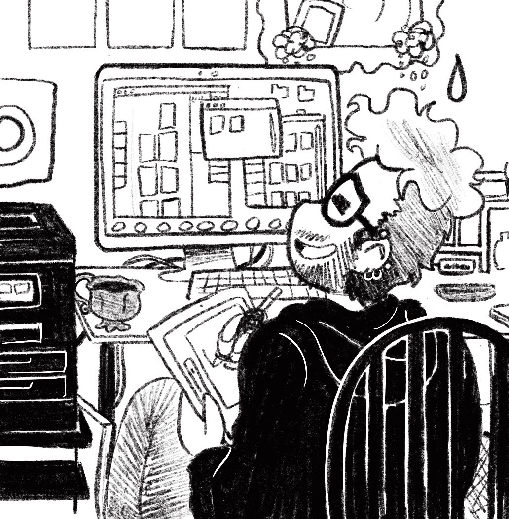 A cartoony, pencil drawn image of Xio, a short trans masc latino person with short curly hair, glasses, and a beard sits at their cluttered desk. They are drawing on a tablet and giving a concerned laugh.