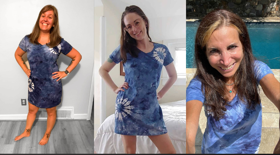 Photo collage of three women in matching blue tie dye dresses