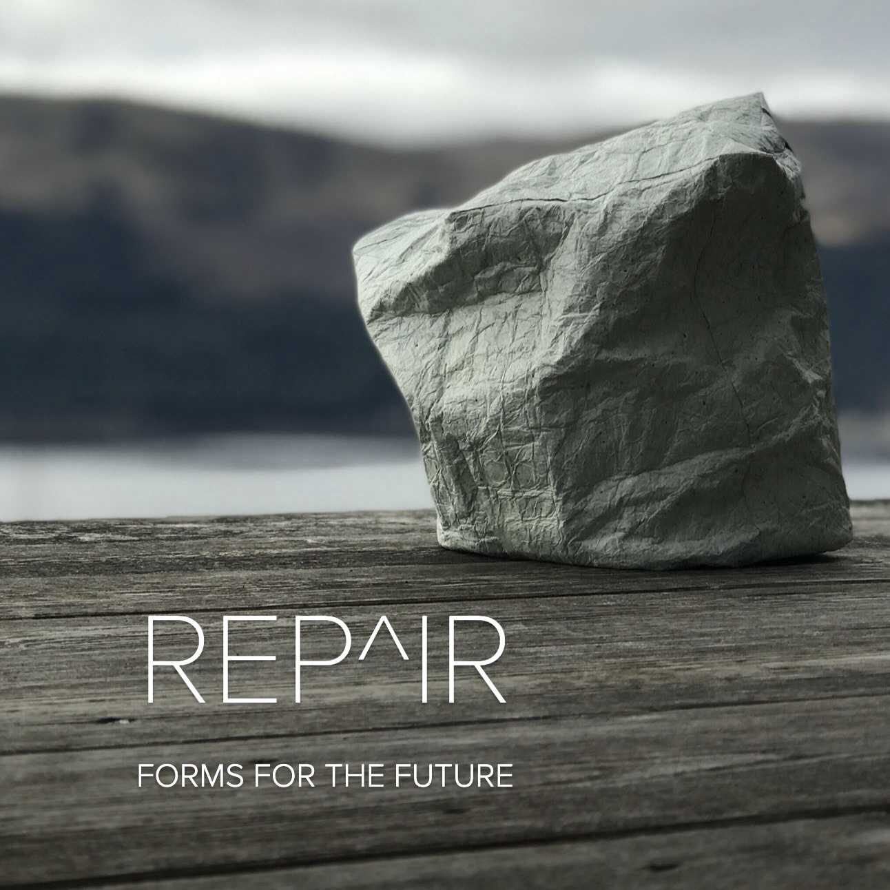 A grey-green rock-like sculptural form, photographed against a landscape background. It is titled REPAIR - Forms for the Future.