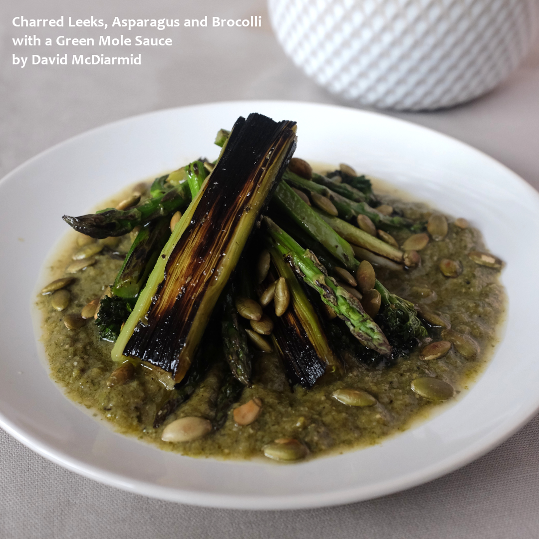 Charred Leeks, Asparagus and Brocolli with Green Mole