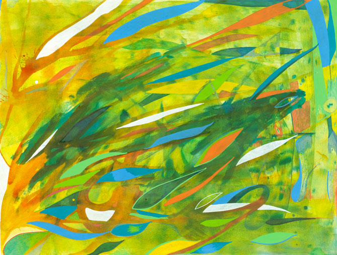 L'elan is a Valsavi's colorful abstract painting, with diagonal stripes mainly green and yellow