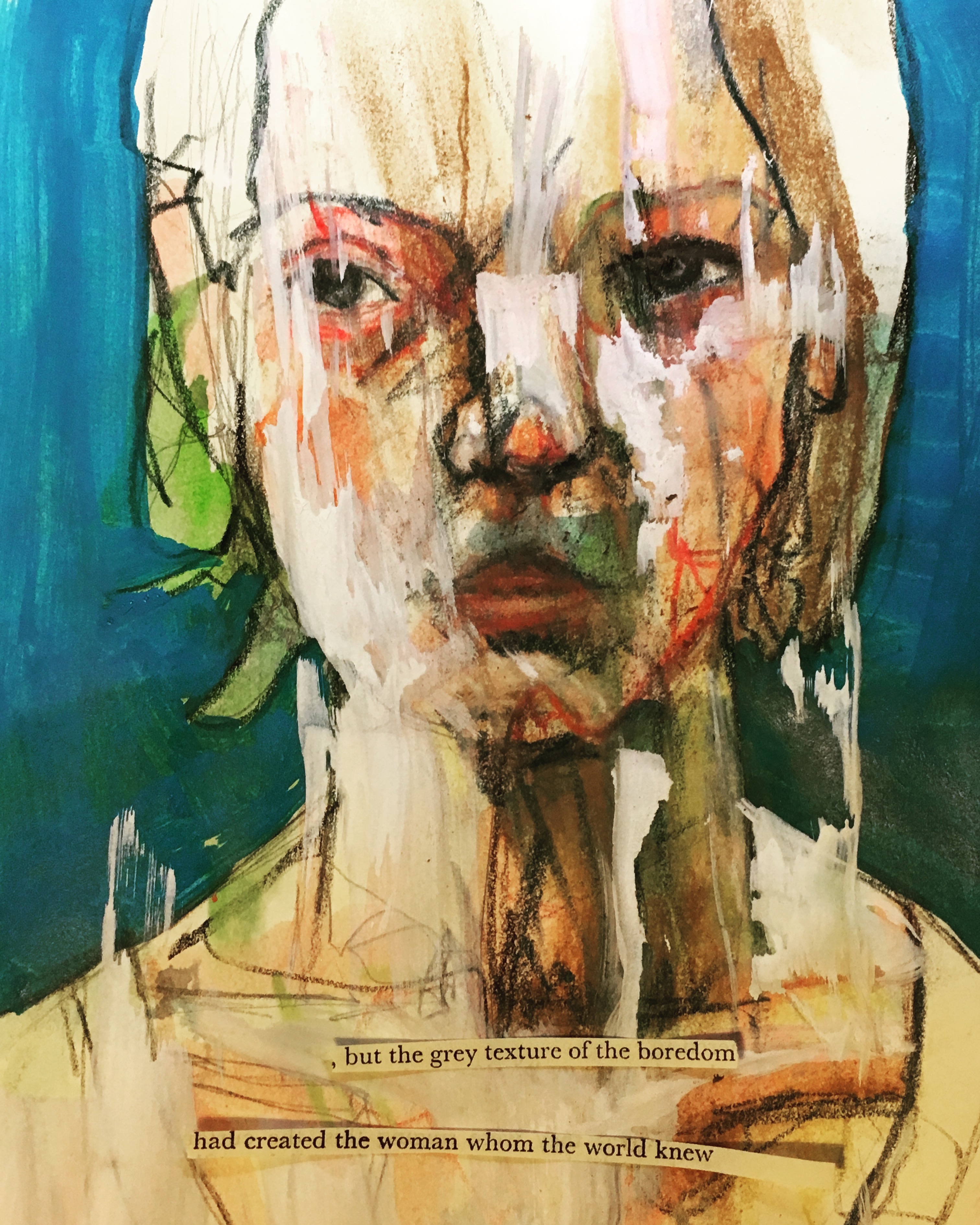 female portrait with layered paint in acrylic and pastel with distorted face