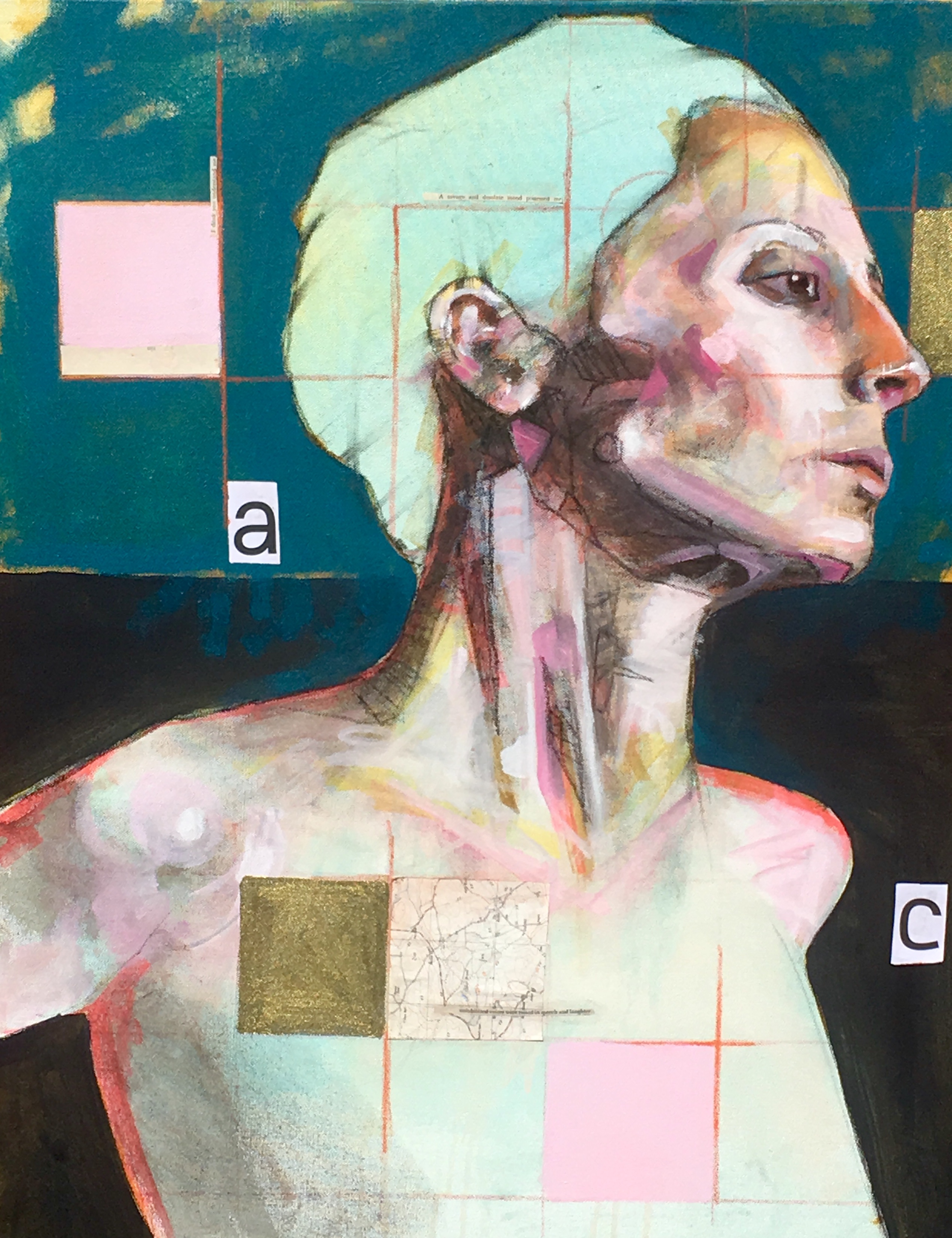 female portrait of face and chest stark expression and angular with collage