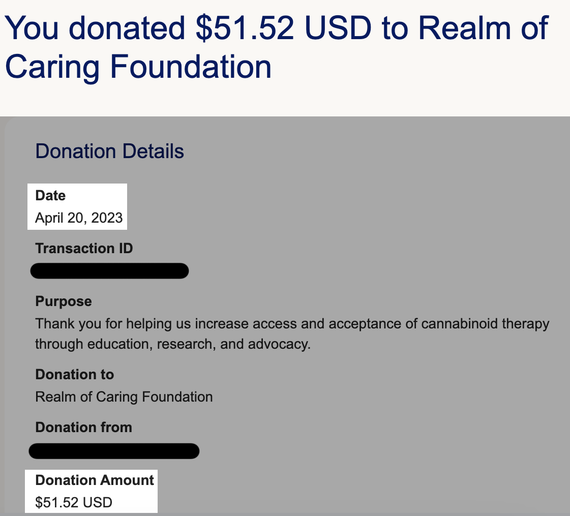 donation transparency. $50 was donated to Realm of Caring