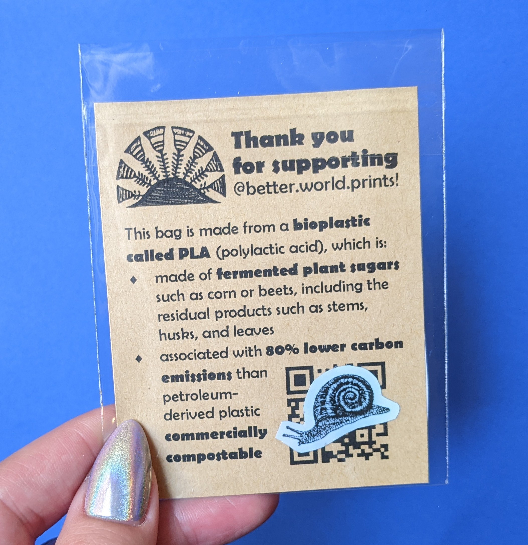 envelope with description of PLA bioplastic, also included below