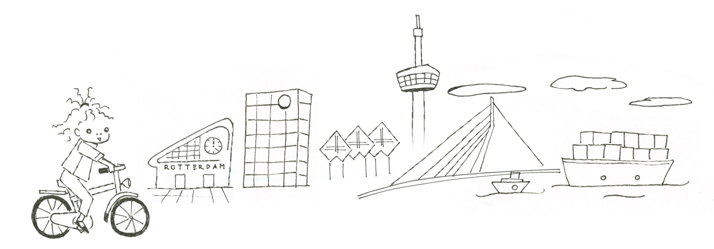 Illustration of Rotterdam Skyline kid on bicycle created by Elizabet Vukovic