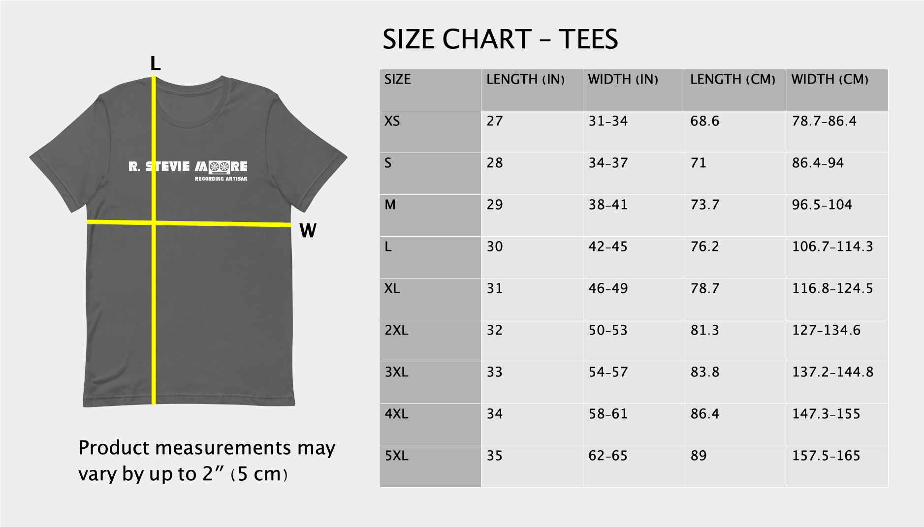 RSM size guide - unisex t-shirts
