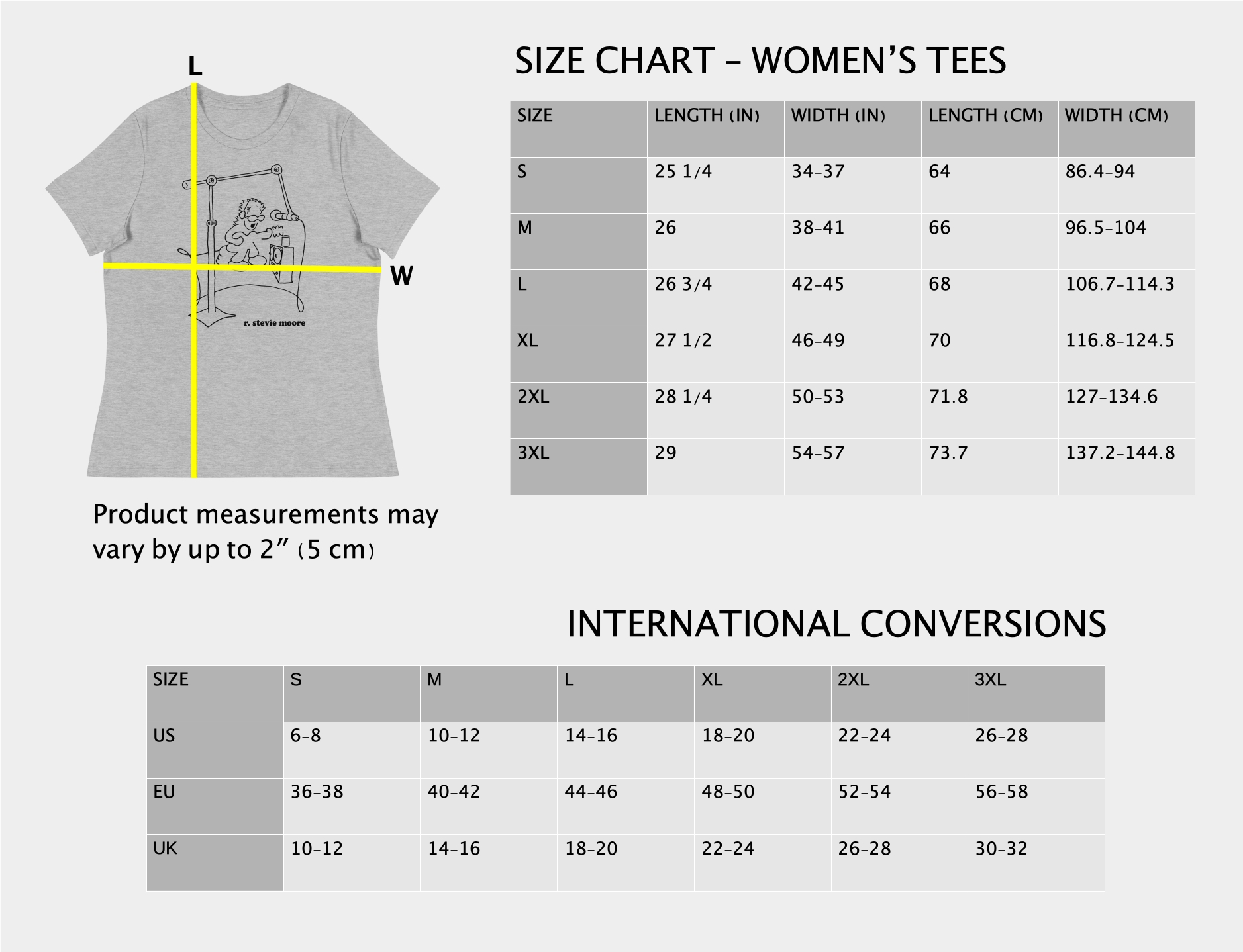 RSM size guide - women's t-shirts