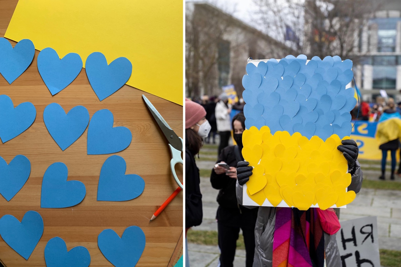 On the left: blue hearts cut out of paper. On the right: handmade poster consisting of blue and yellow paper hearts.