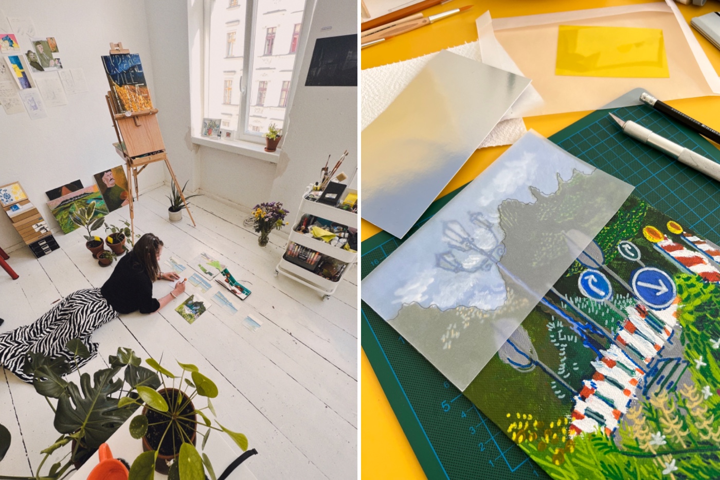 On the left: artist working at the floor of her studio surrounded by plants. On the right: artwork in progress.