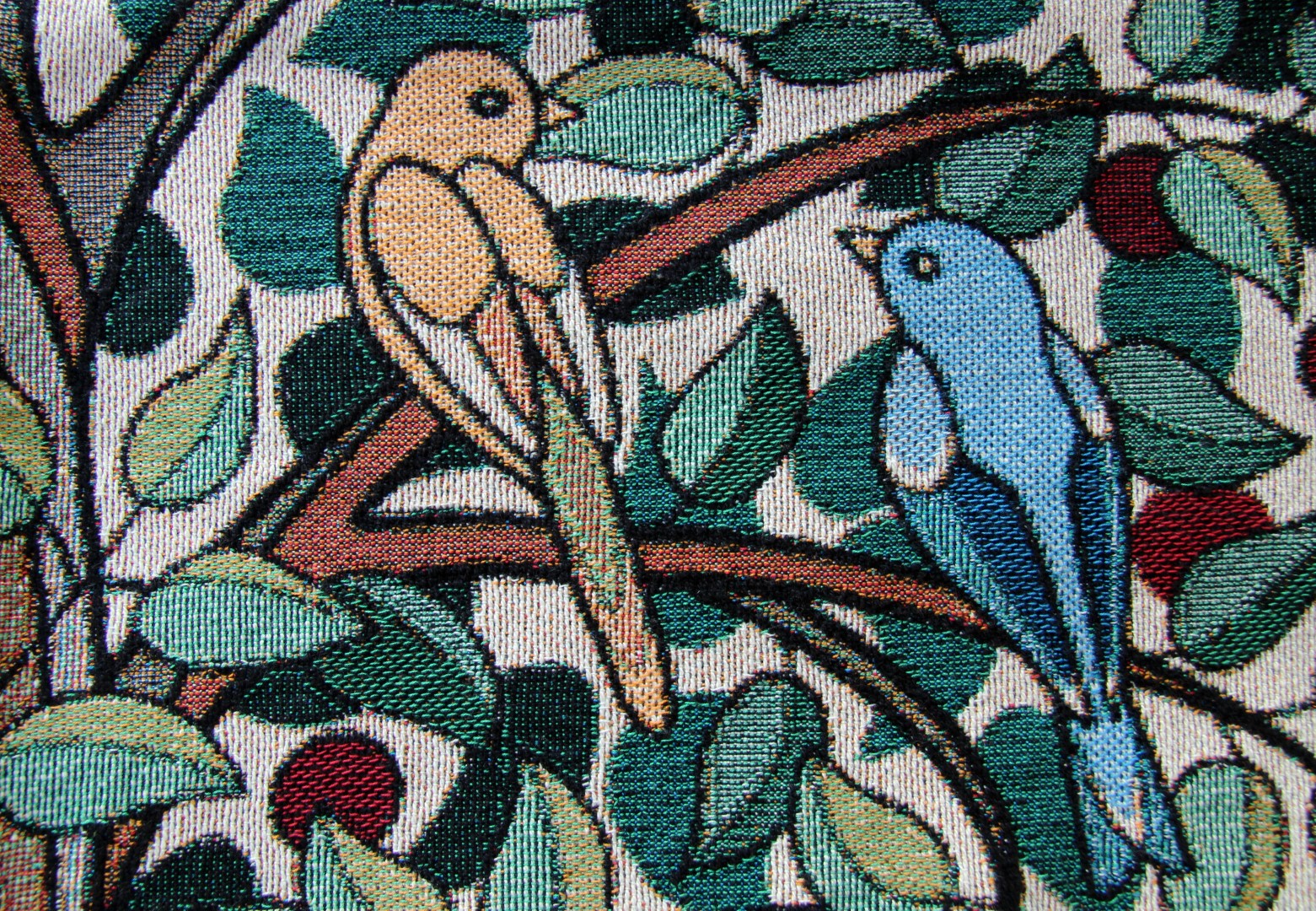 Detail of Tree of Birds coverlet in cream