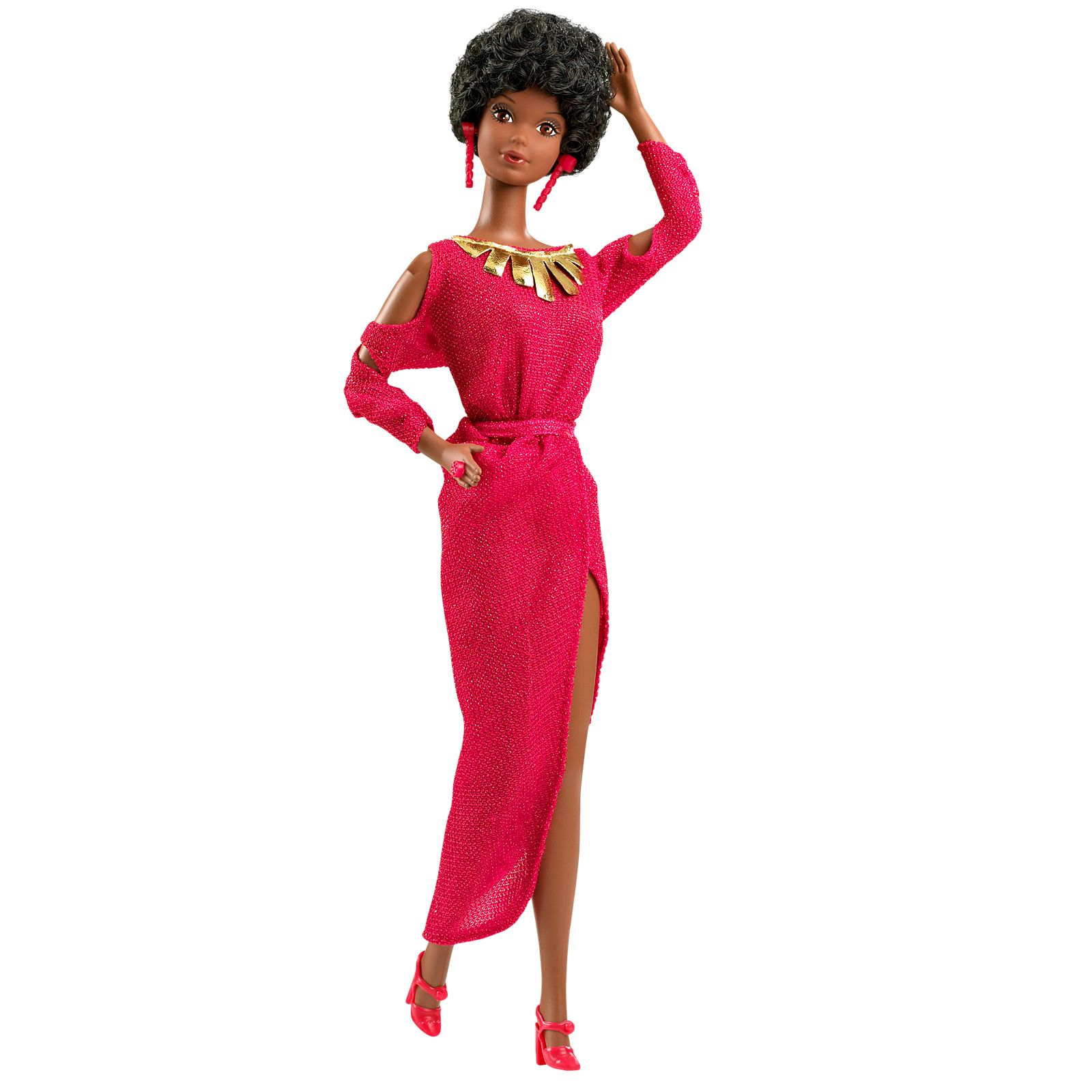 Black Barbie doll wearing a red dress with slits on the shoulders