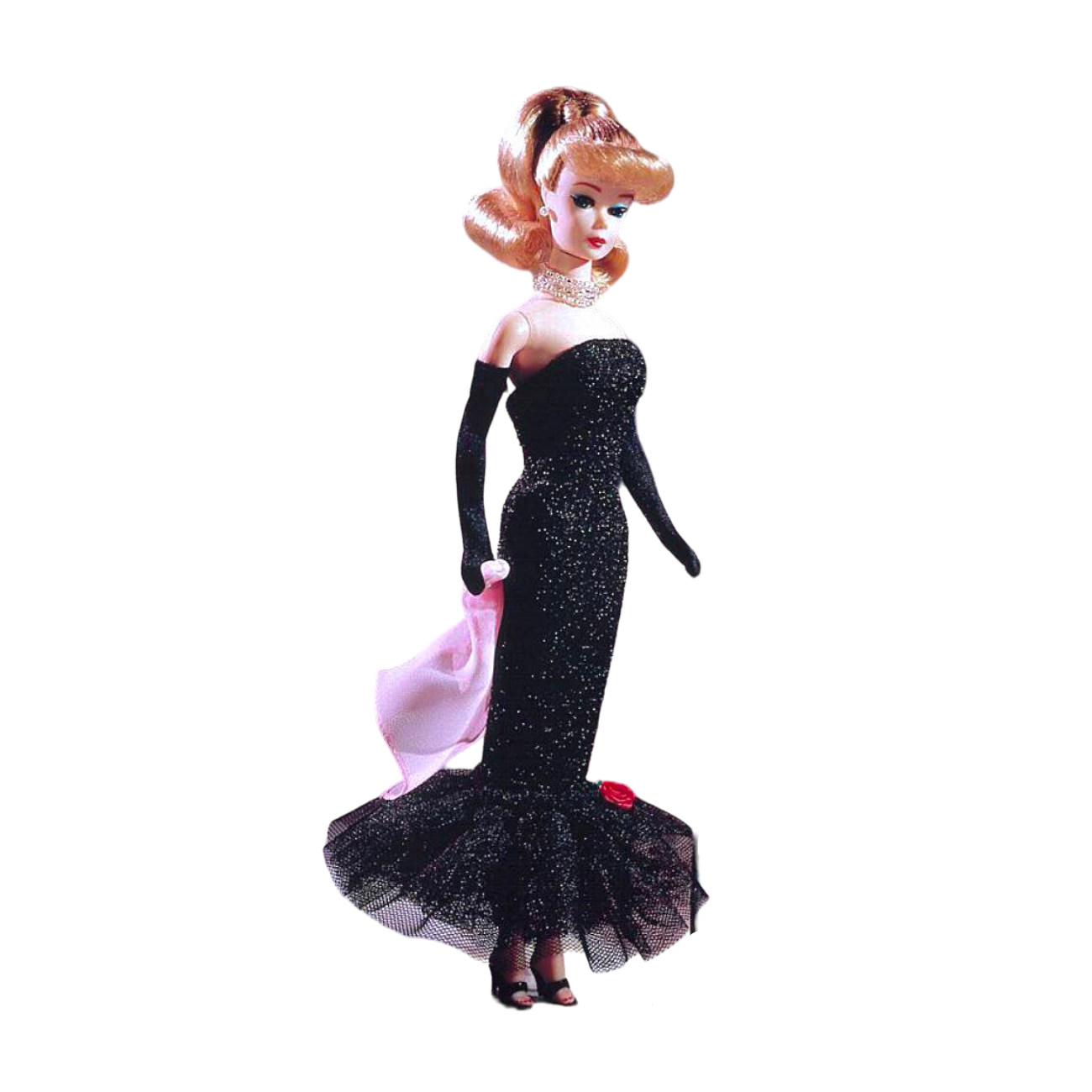 Solo in the spotlight Barbie doll wearing a black glittery fishtail gown with pink mesh handkerchief