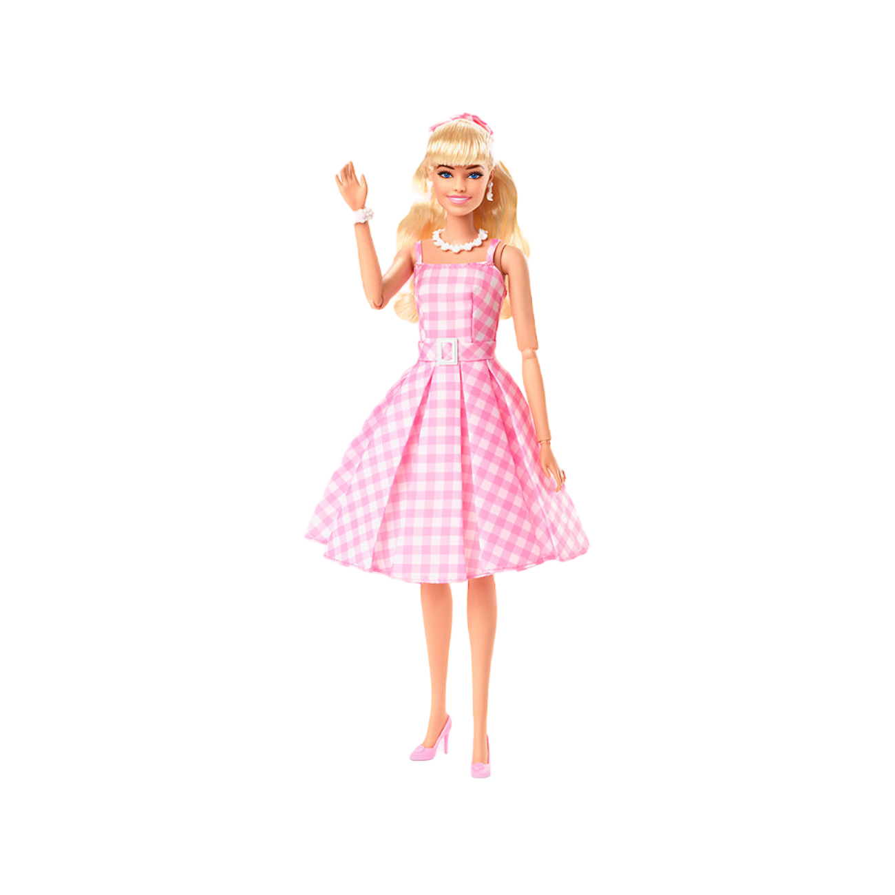 Barbie the movie Barbie doll waving in a pink and white gingham dress
