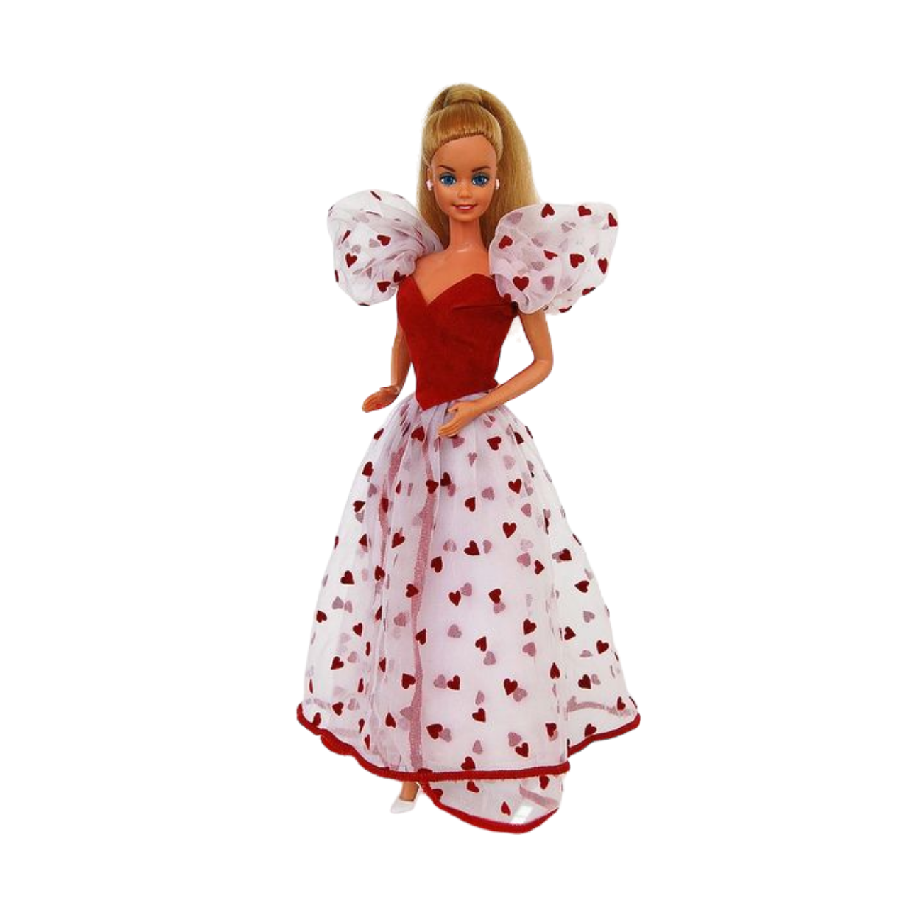 Loving You Barbie doll wearing a red sweetheart neckline dress with white tulle sleeves and skirt with mini heart detail