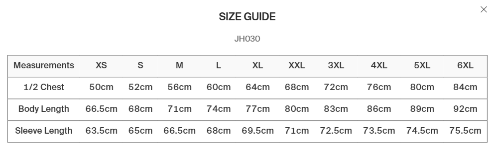 size guide for sweaters