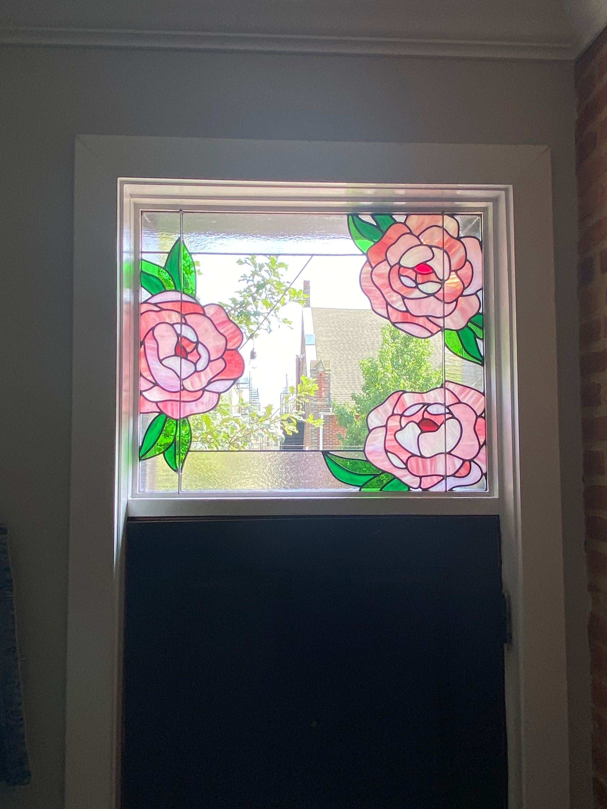 Misty Stained Glass Peony Transom Interior View