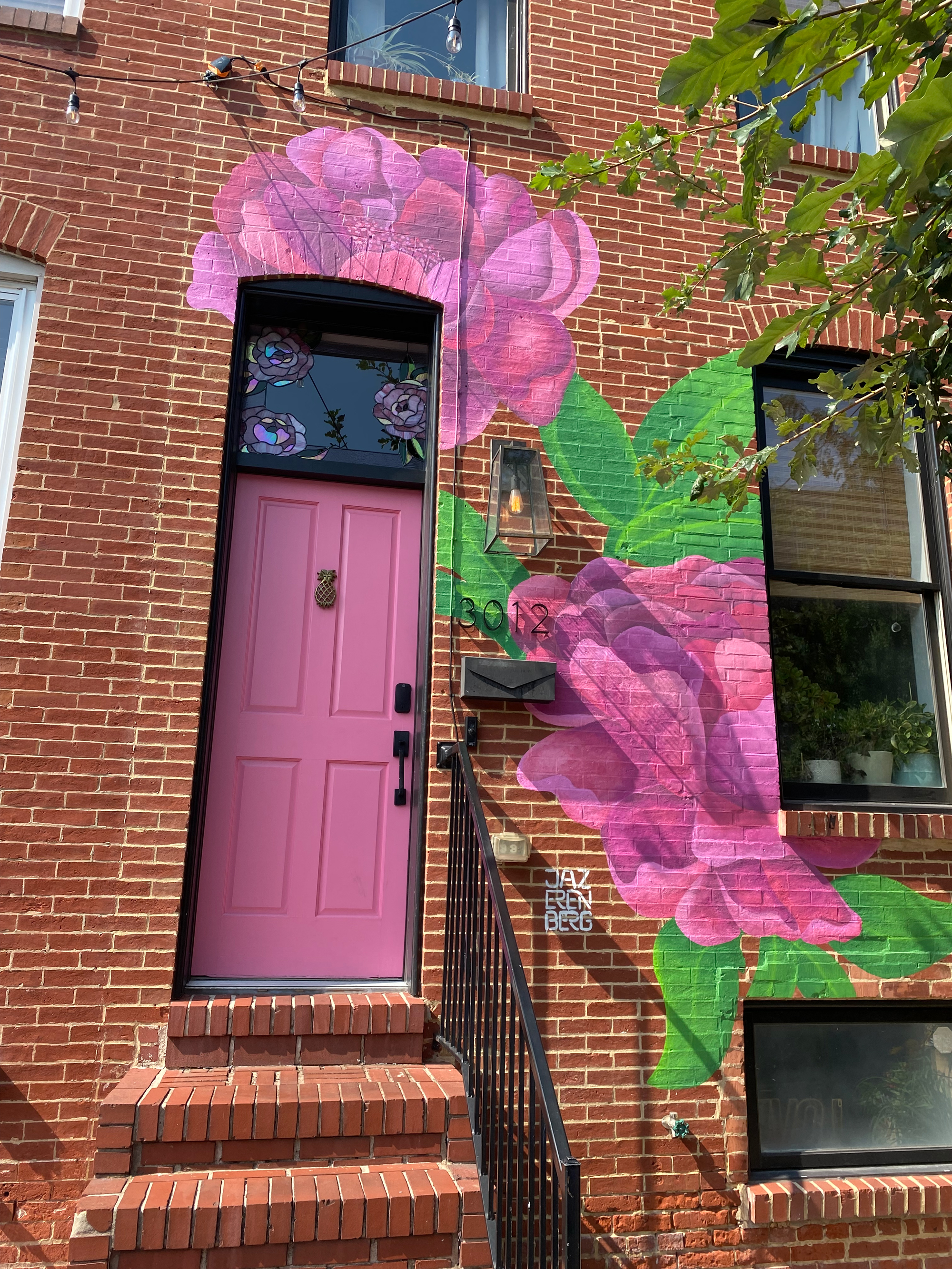 Misty Stained Glass Peony Transom Exterior View