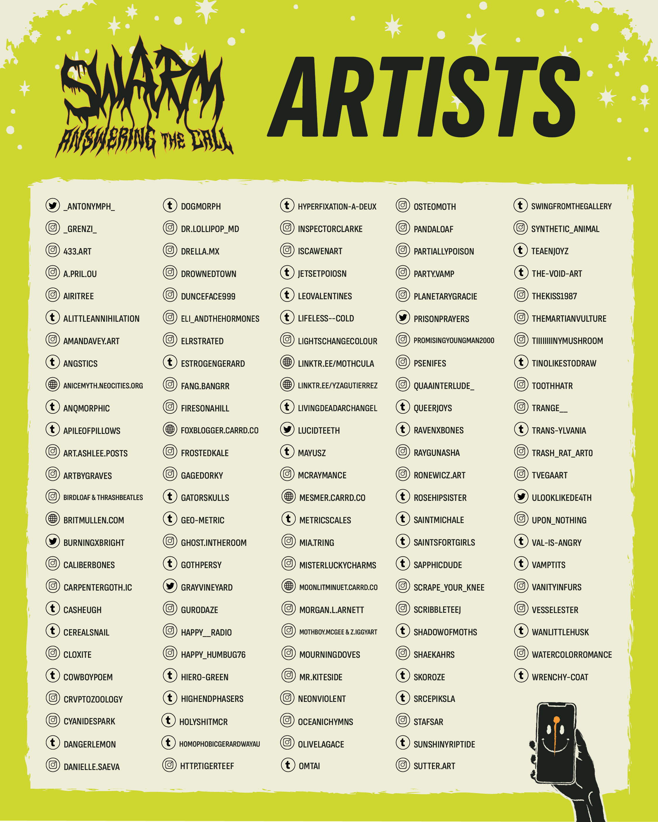 Poster with a full list of over 120 artists featured in the zine.