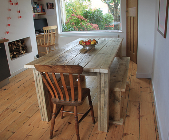 Table made from scaffoldboards in a kitchen
