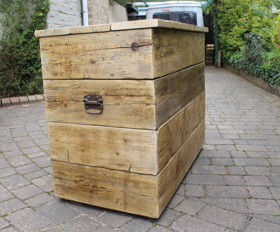 Storage box with hinged lid made from scaffold boards