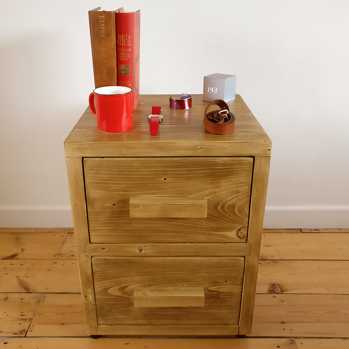 Reclaimed wood bedside table finished in a dark wax