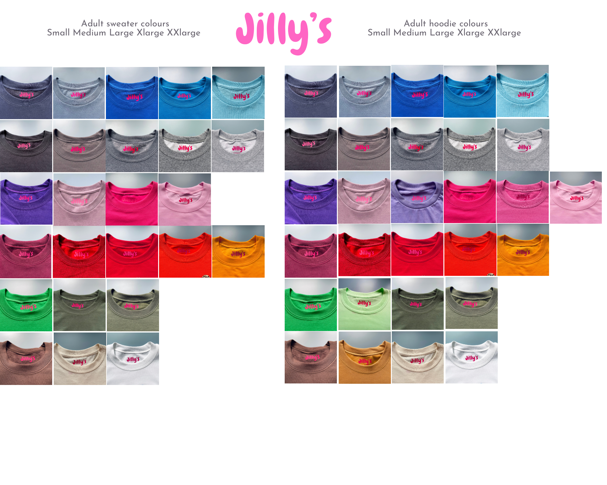 Jilly’s colour chart for sweater and hoodies