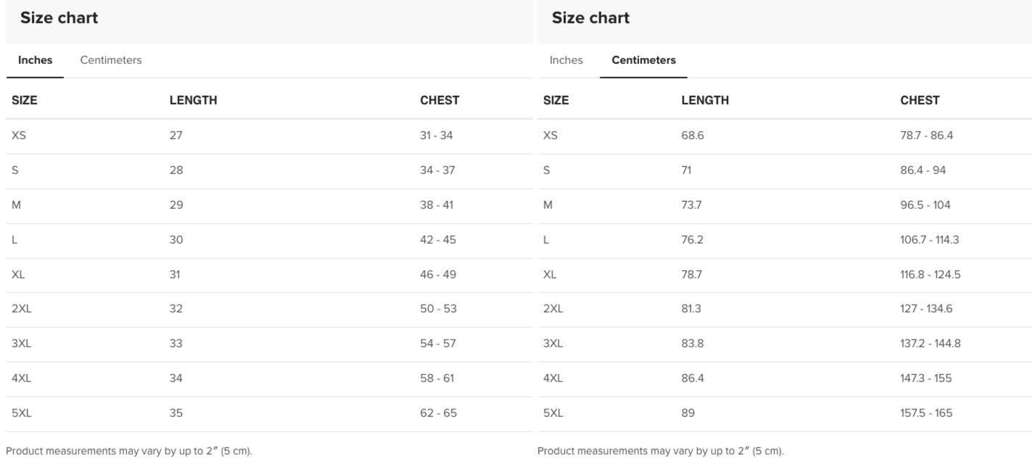 Tees Size Guide (inches/cm)