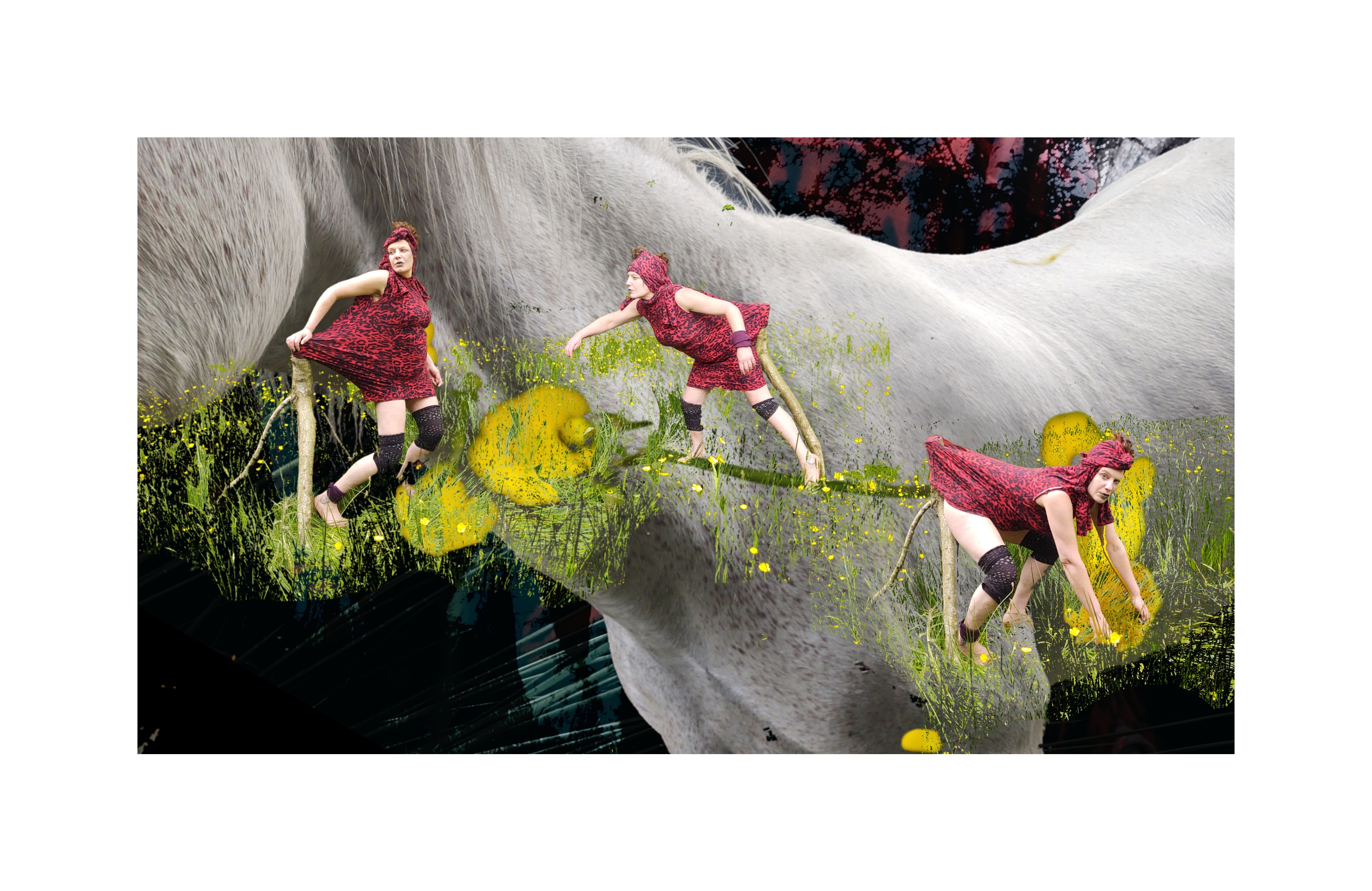 Photo collage of white horse with mini figures pulling grotesque poses - like naughty pixies