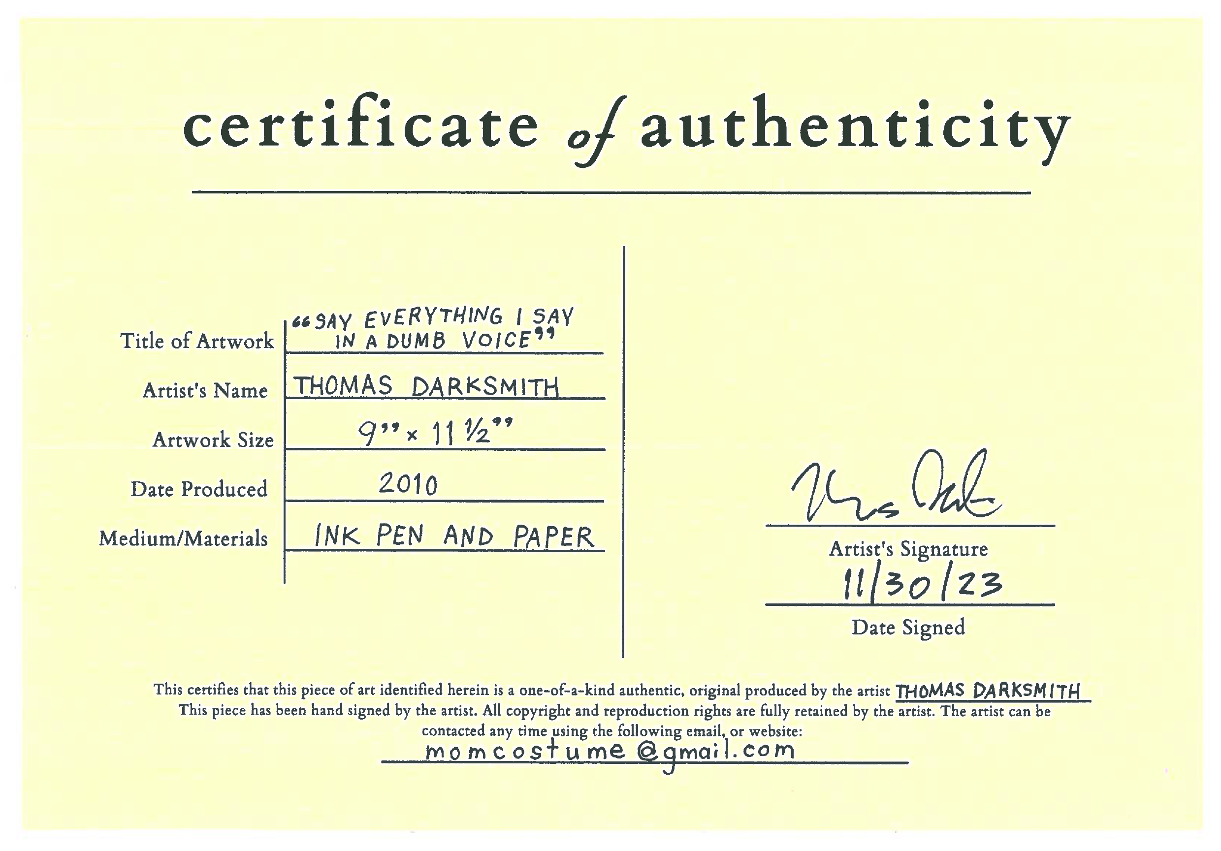 Certification of Authenticity