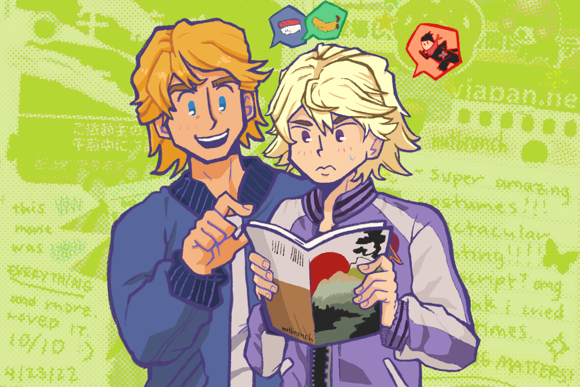 Digital fanart redraw of Keith and Ivan from the anime "Tiger and Bunny." Keith is on the left pointing at the magazine that Ivan is reading on the right side. 