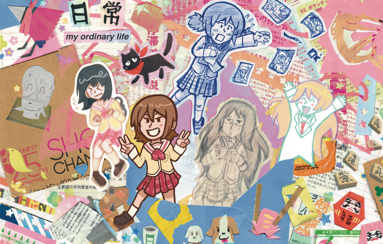 Colorful mixed media fanart of characters from the anime Nichijou. Each character is drawn and in the form of a different media, Yuuko is digitally drawn with a grin and two peace signs, Mai is drawn on crumpled sketchbook paper unbothered and reading, Mio is drawn on graph paper gathering her drawings that flew out of her grasp, Hakase/Professor is drawn using paint markers with a smiling expression and waving her arms, Nano is painted with watercolors and is nervous with her eyes closed and legs crossed and Sakamoto is made from paper looking nervous. The girls are bursting from a blue envelope in the center and are surrounded by various references from the show, such as a curry pot, daruma, dogs, octopus hot dog, a deer, and a crow.