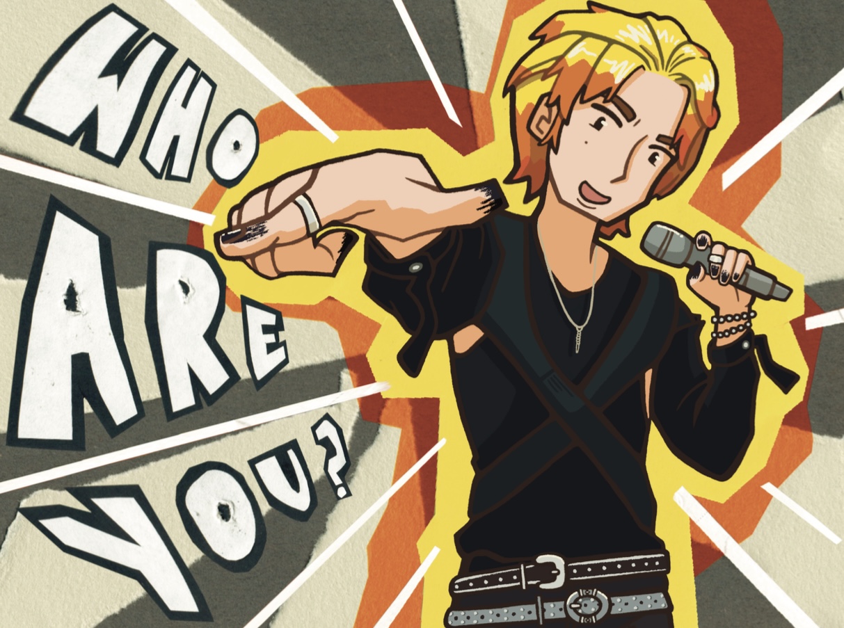 Mixed media fanart of Mingi from the KPop group Ateez rapping from their song "Halazia." He has yellow and orange flame colored hair and wears a black shirt with two belts. His right hand is pointing towards the viewer and left hand holds a microphone to his mouth. The background is gray and white with the text "Who are you?" Floating beside him.