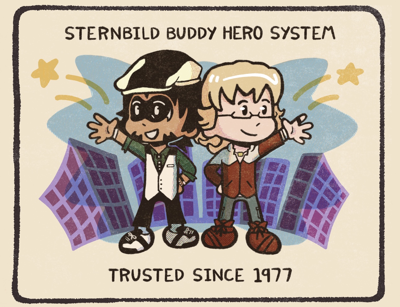 Top text reads "Sternbild Buddy Hero System" and bottom text reads "Trusted Since 1977". Digital fanart of the anime Tiger and Bunny with Kotetsu and Barnaby standing together facing away with their arms out. Both are smiling and standing in front of buildings.