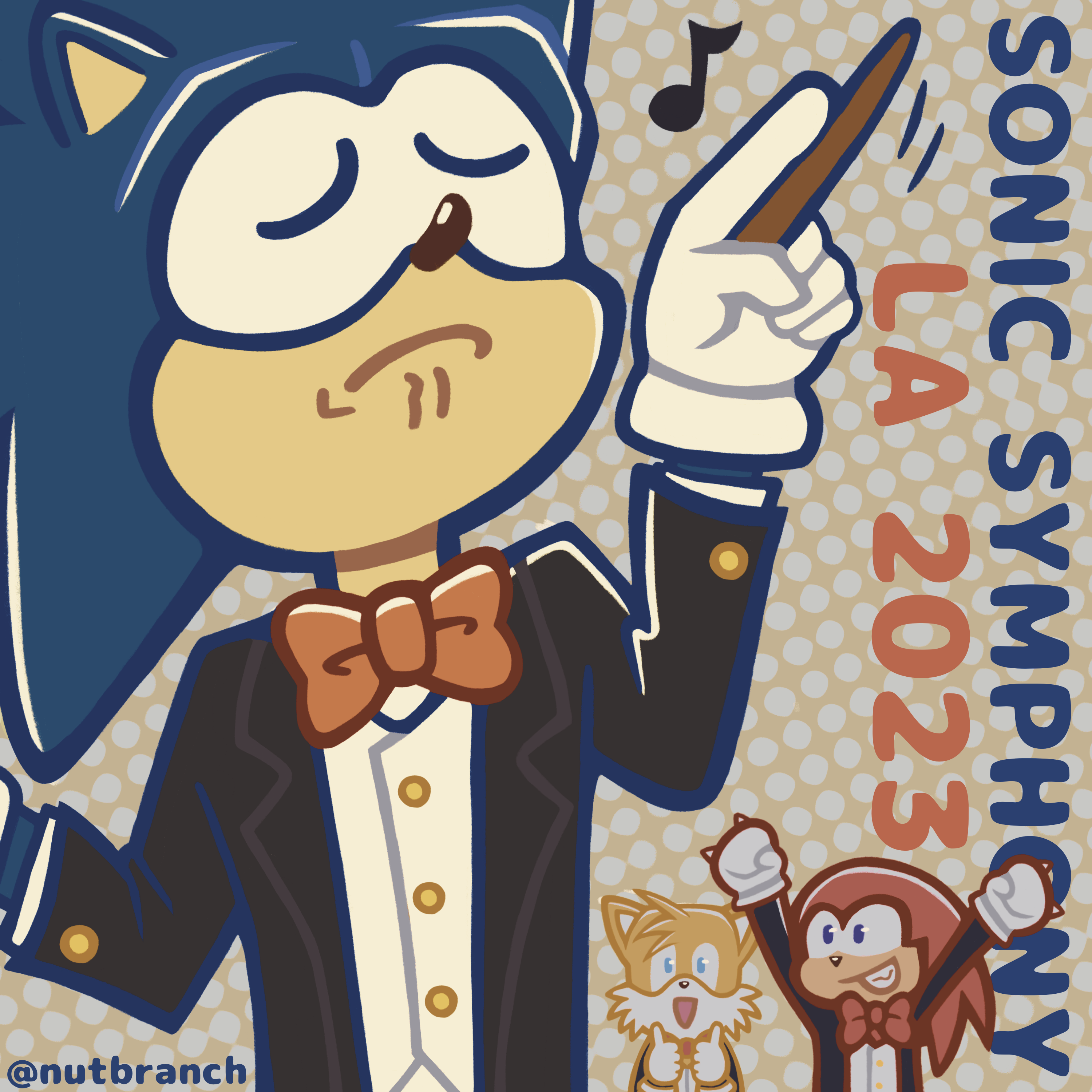 Digital fanart of characters from the video game "Sonic the Hedgehog." Sonic is in a tuxedo and bow tie on the left side with his eyes closed and left hand waving a baton. Tails and Knuckles are in the background on the right cheering him on. The text on the right side reads "Sonic Symphony LA 2023."