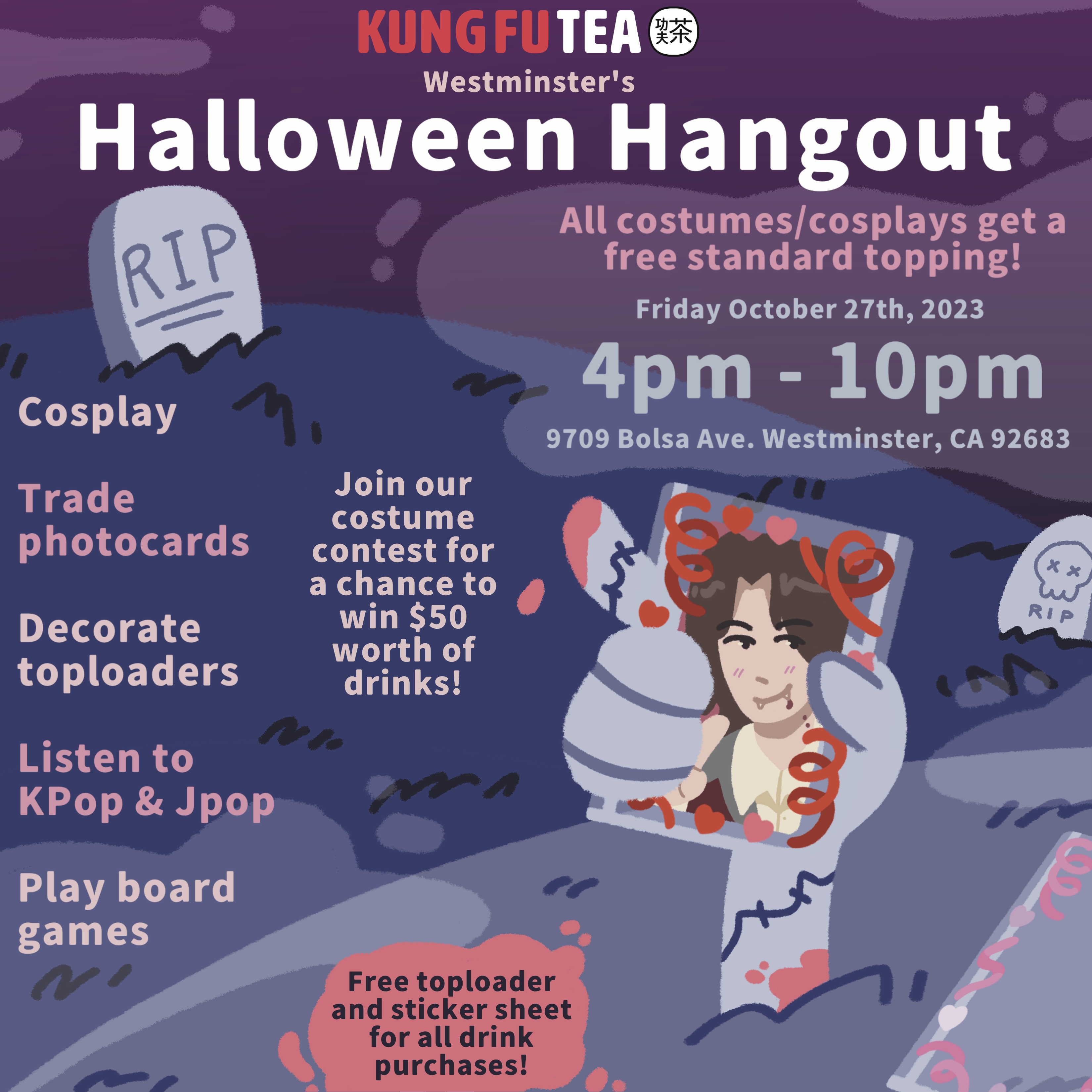 Digital flier for Kung Fu Tea Westminster's Halloween Hangout. A zombie hand pops out from the front holding a decorated toploader and photocard. The scene is a purple and gray graveyard and has a description of the event.