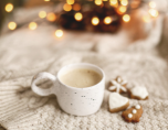 Cup of cocoa and some frosted cookies on a cozy knitted blanket