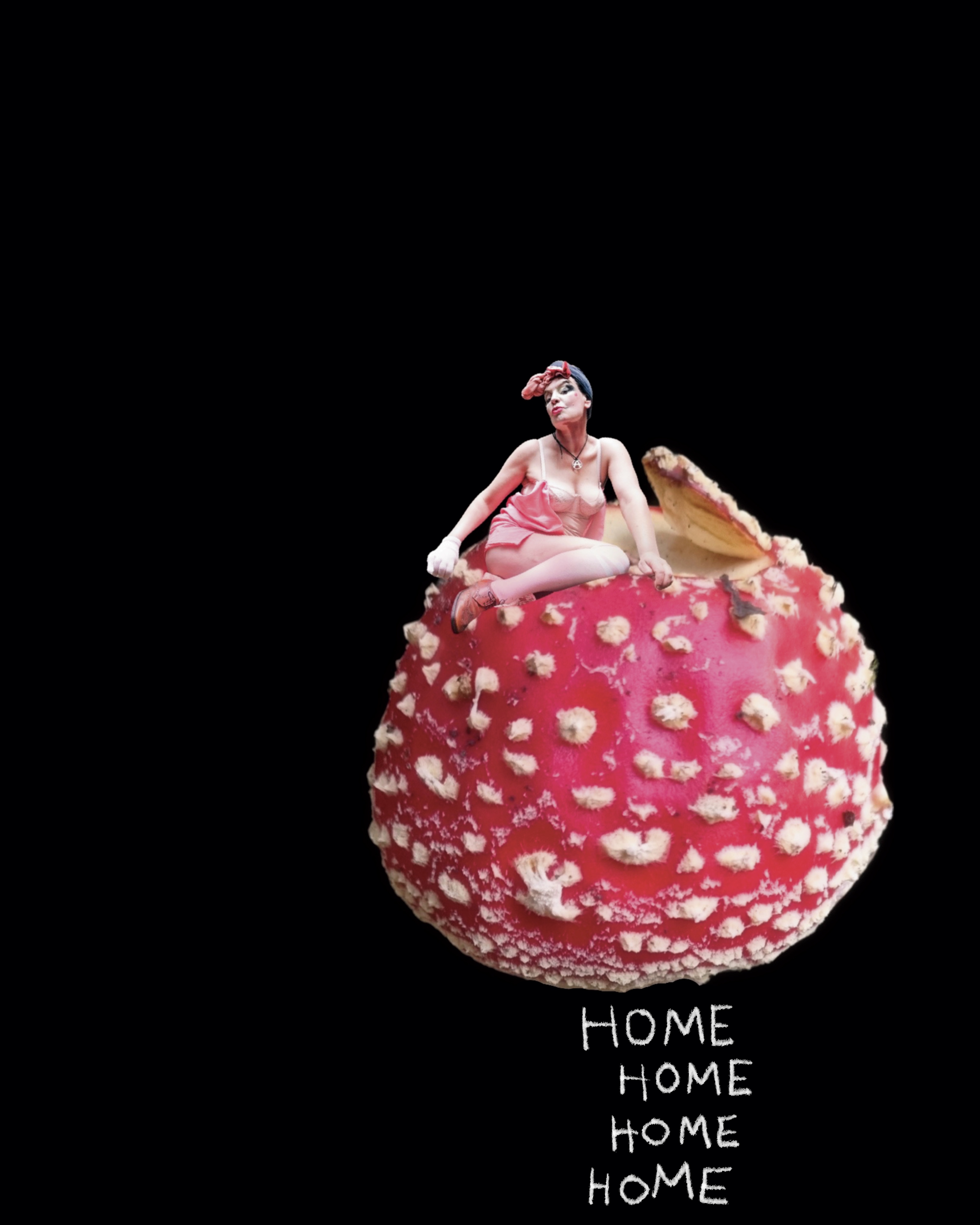 Artist emerging from a fly agaric featuring the word Home as a fungi stem