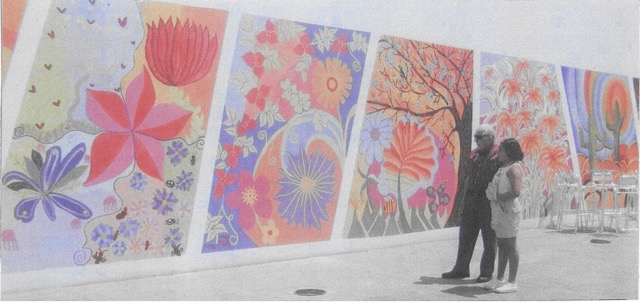 Photograph of Manuel Bennett supervising painting of his mural Flowers of Morelos (2008)