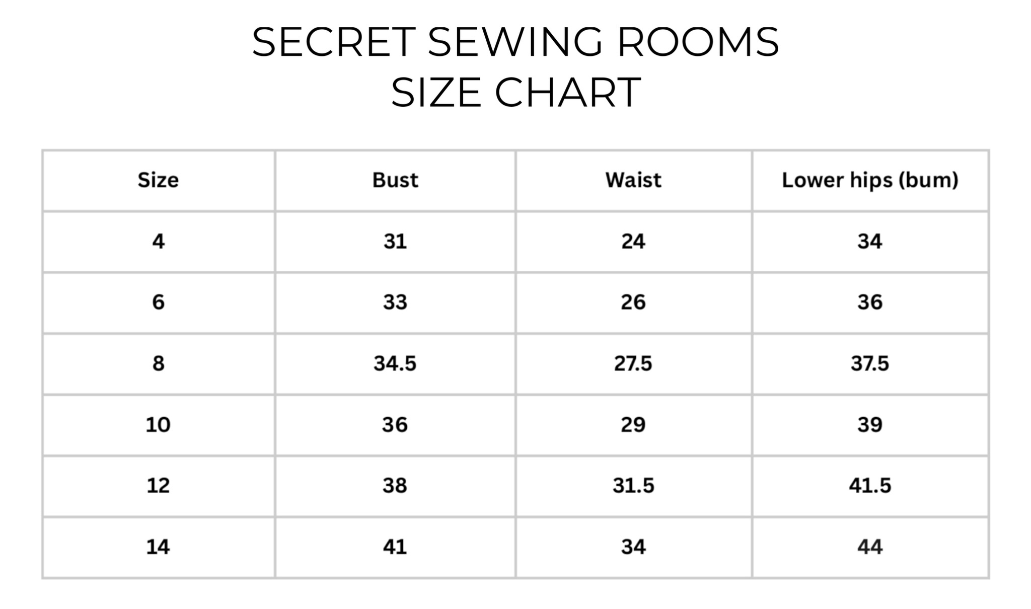Size chart  Secret Sewing Rooms