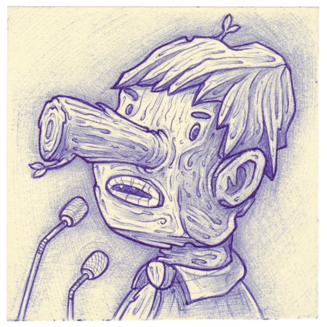Illustration of pinocchio on the witness stand at a mafia boos trial