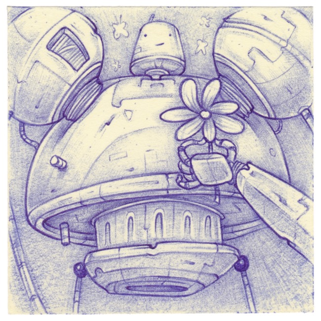 an illustration of JoyBot, a very happy and large robot holding a flower