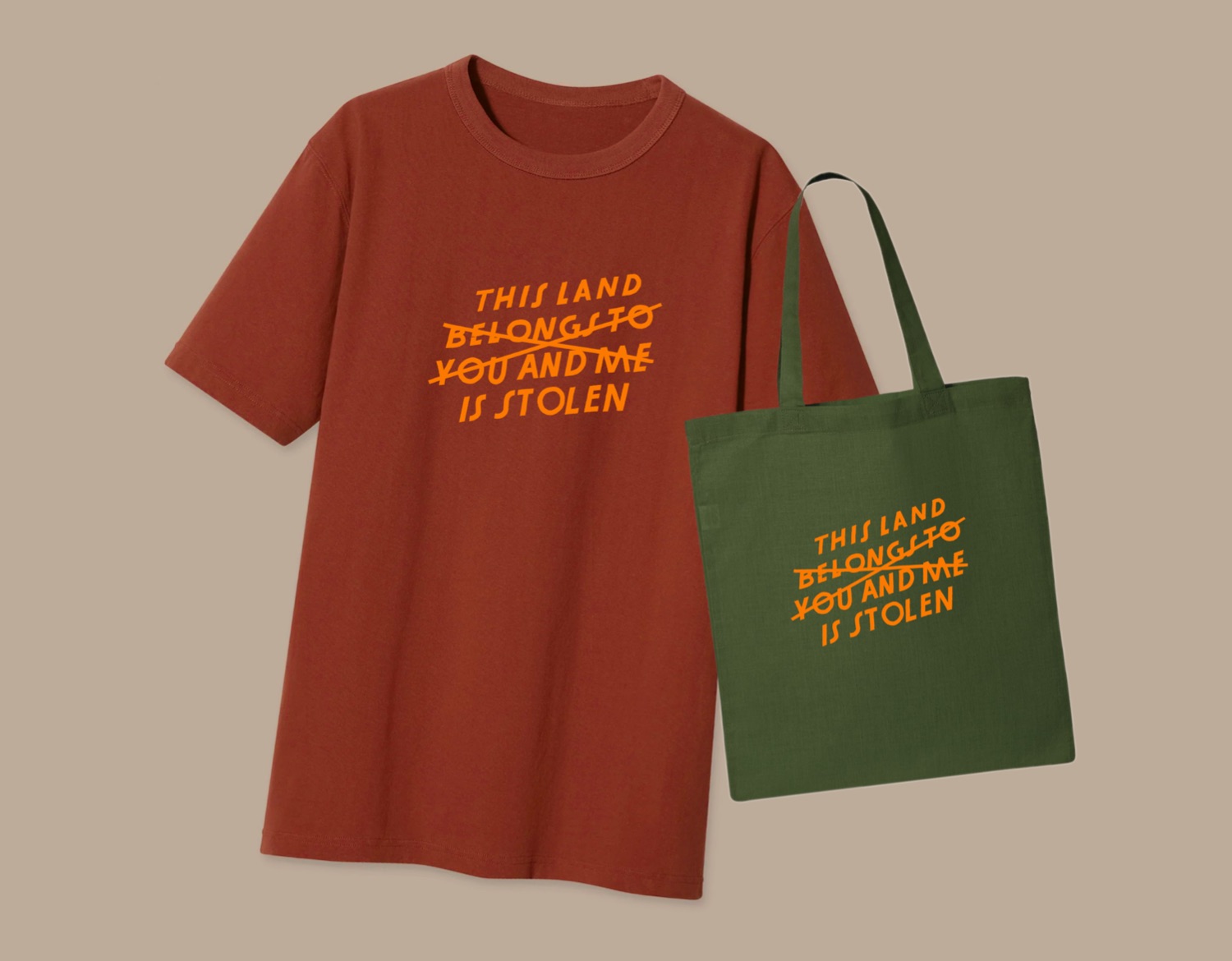 A shirt and tote bag with the words "This land is stolen"