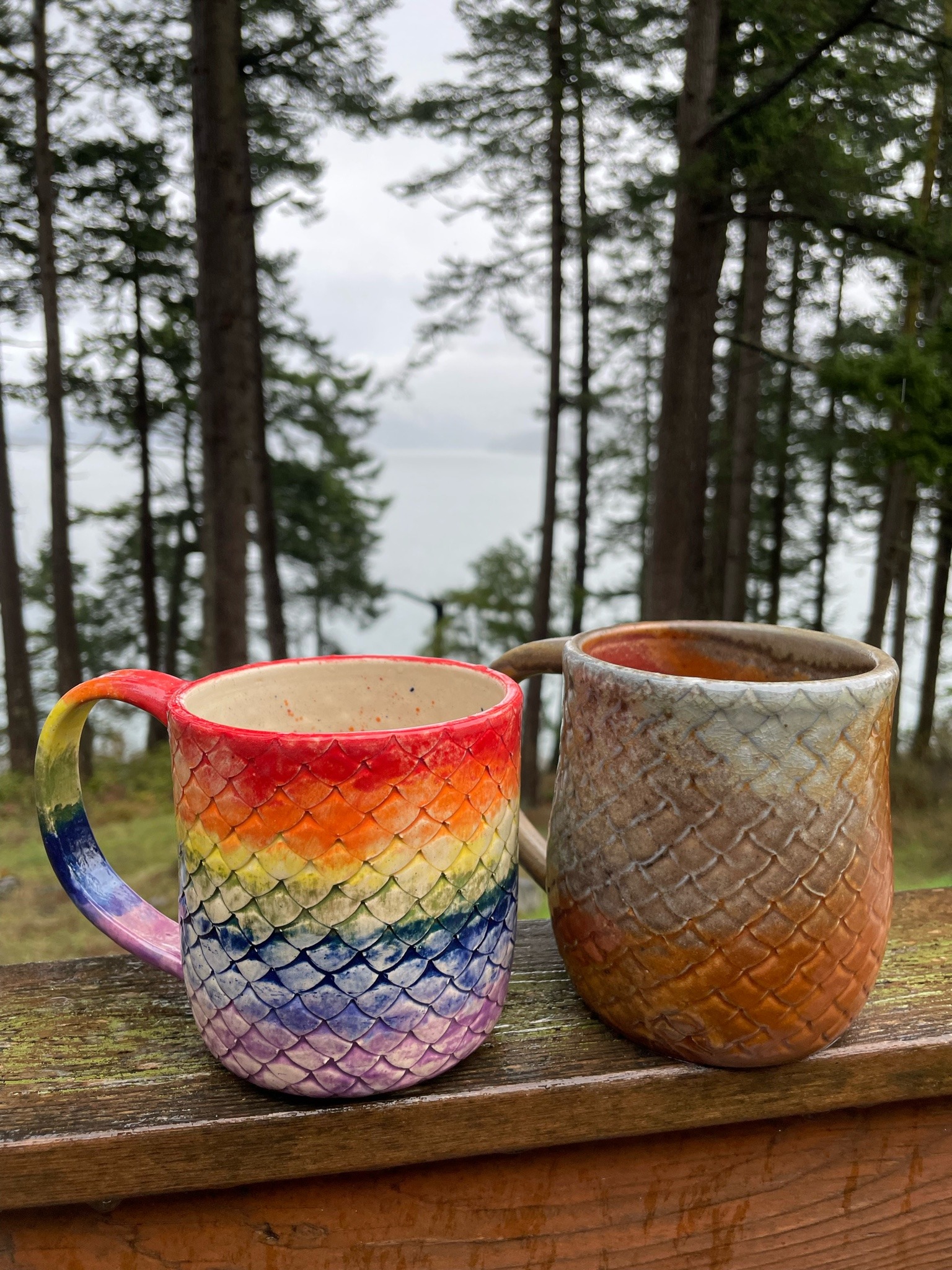 Two mugs with carved scales sit on a railing with trees and water in the background. One mug is rainbow glazed and the other is different shades of orange, brown, and white.