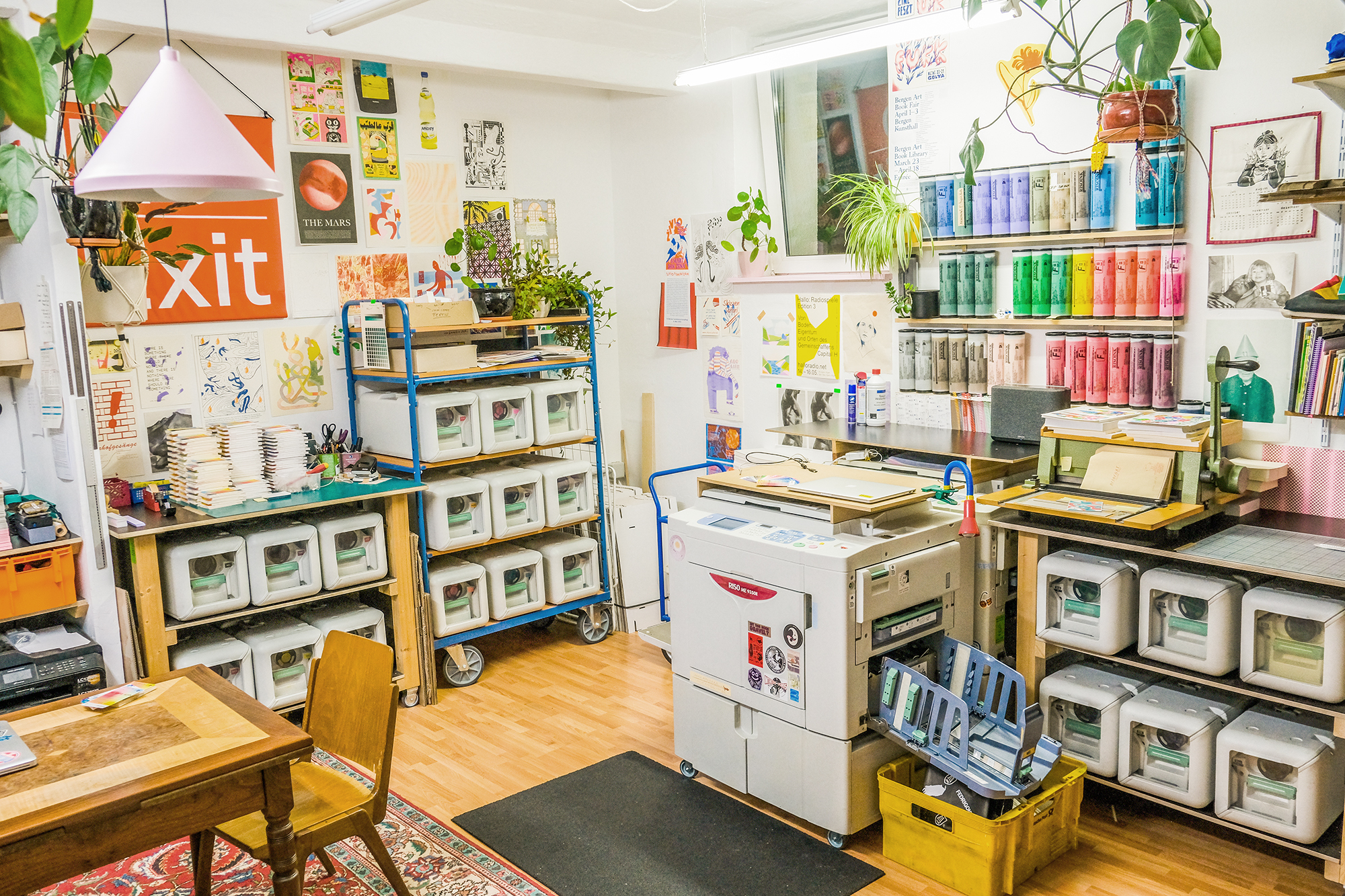 Studio view including Risograph machines, inks & drums