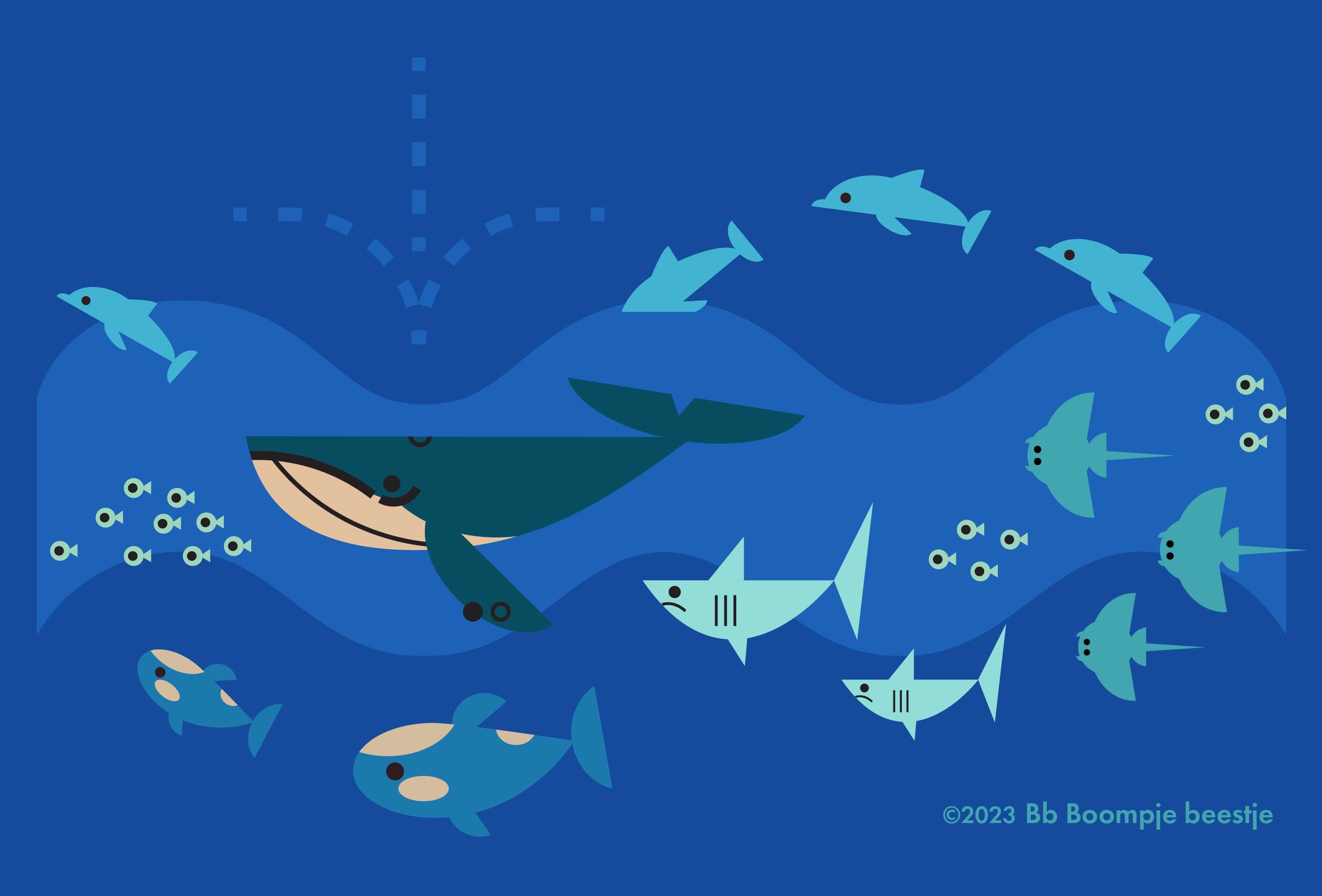 Ocean animals like whale, orcas, shark, dolphins, stingrays and small fish in the sea illustration art.