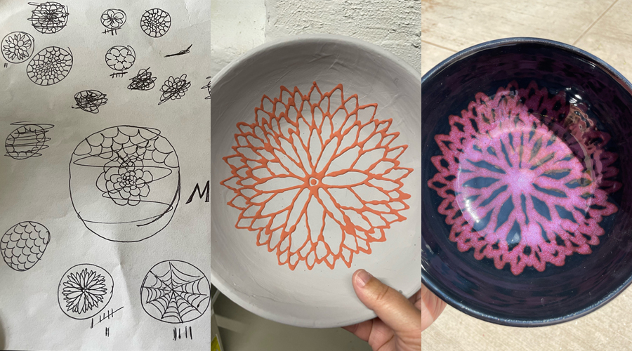 Three images left to right, paper with various rosette sketches, bowl with rosette glaze before firing, finished bowl with purple rosette over black.